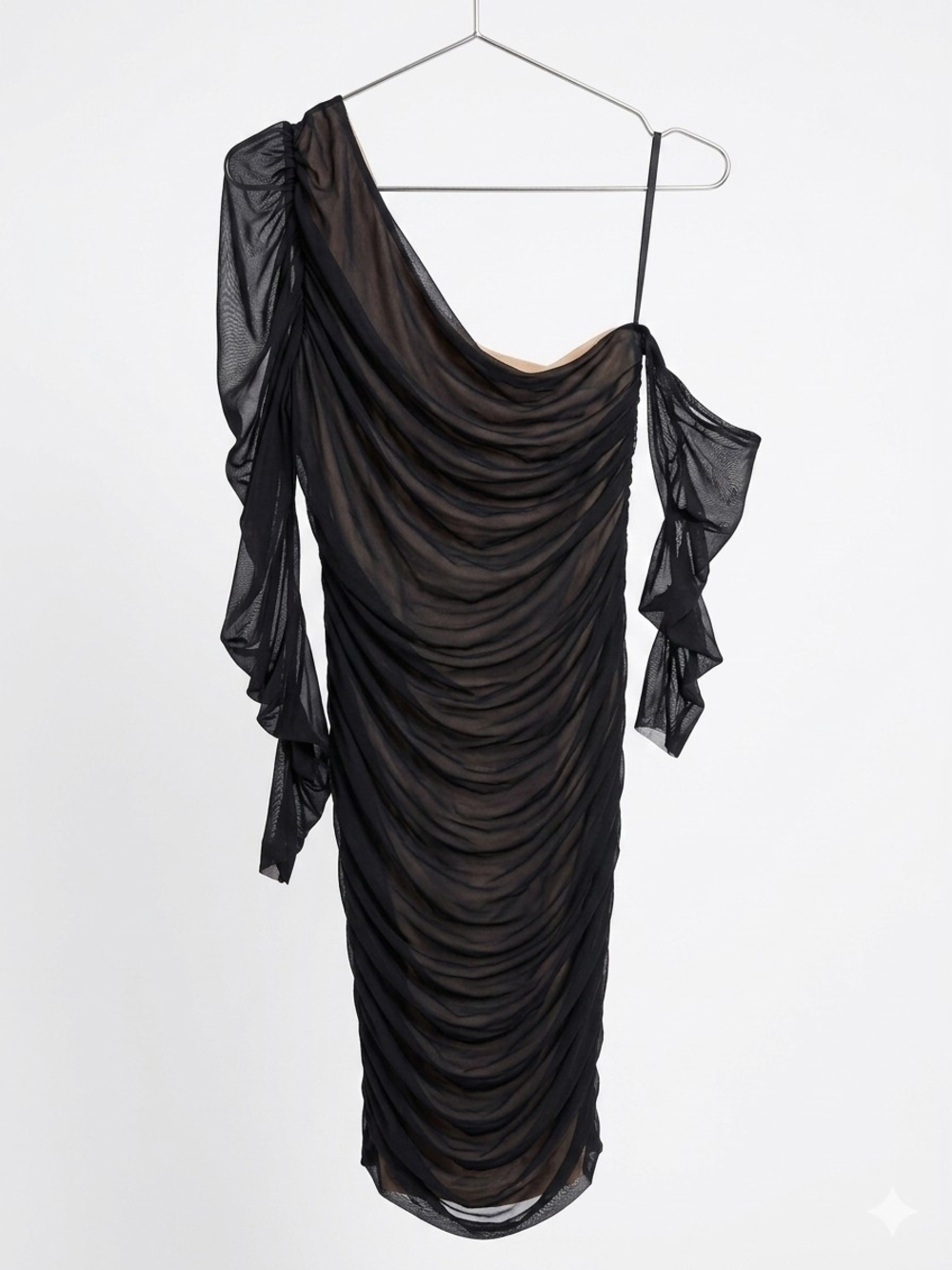 VENUS Black One-Shoulder Ruched Sheer Cocktail Dress